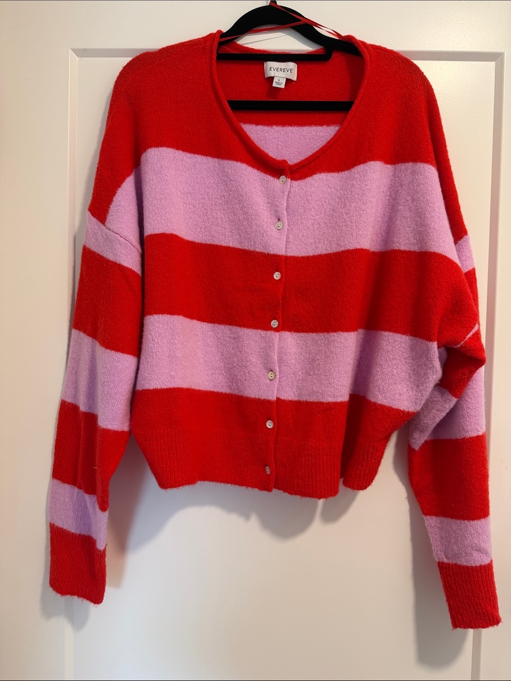 Evereve Red and Pink Striped Button-Front Cardigan